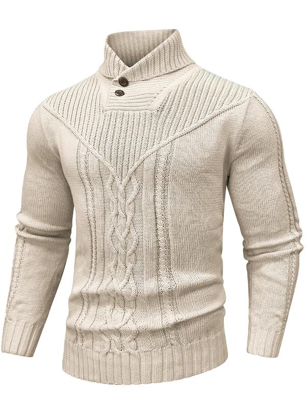 Men's Solid Button High Neck Cable Knit Sweater Pullover, Regular Fit Casual Long Sleeve Jumper for Fall & Winter, Men's Knitwear for Daily Wear