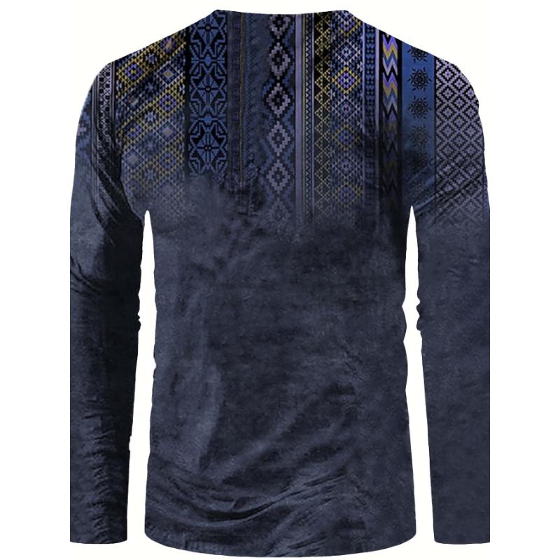 Bohemian Style Pattern Men's Vintage Long Sleeve Henley Tee, Spring Fall, Gift For Men