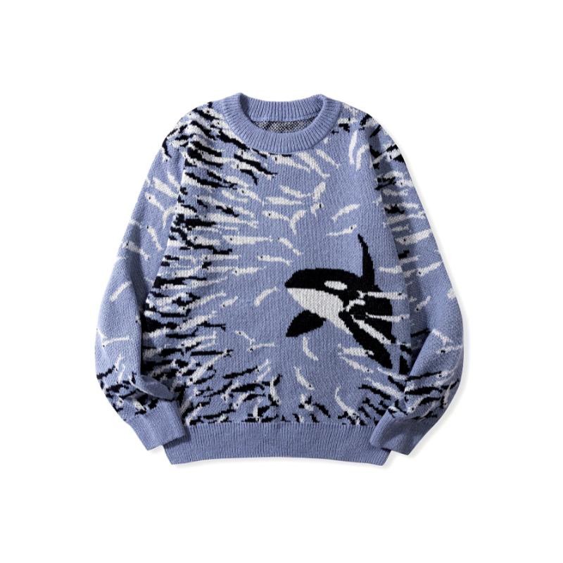 Men's Fish & Whale Pattern Knit Sweater For Autumn And Winter - Versatile Trendy Long Sleeve Knitted Pullover As Gift, Outdoor Cloth