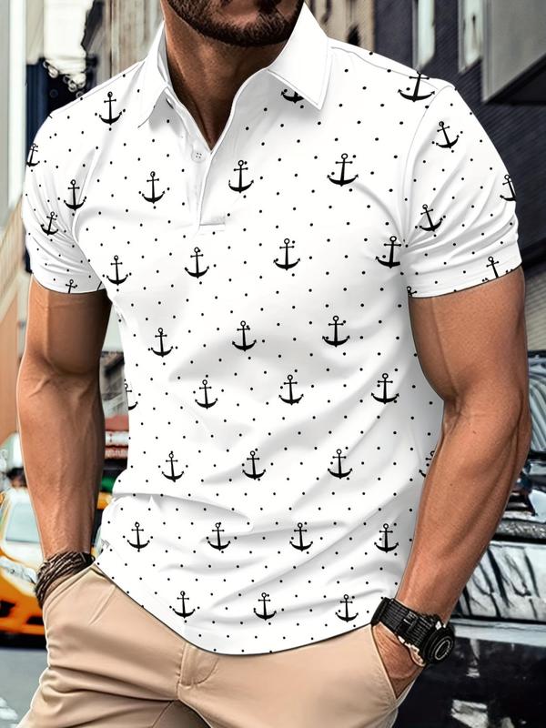 Men's All Over Polka Dot & Anchor Print Short Sleeve Polo Shirt, Regular Fit Casual Button Front Top for Summer, Fashion Men's Clothes for Daily Wear