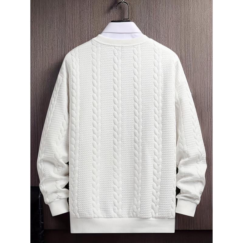 Autumn Winter Essential: Men's Solid Color Long Sleeve Cable Knit Sweatshirt, Regular Fit, Polyester Knitted Fabric, Casual Round Neck, Versatile Top for Everyday Wear