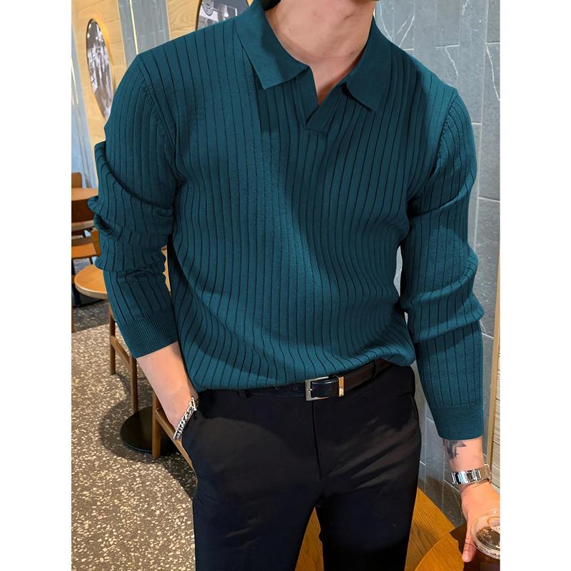 Chic Knit Shirt, Men's Casual Stylish Lapel Middle Stretch V-Neck Pullover Sweater For Winter Autumn Collar Fabric