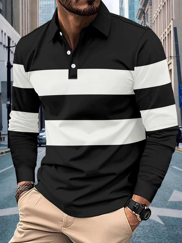 Men's Striped Print Button Front Polo Shirt, Regular Fit Casual Long Sleeve Top for Fall & Winter, Men's Clothes for Daily Wear