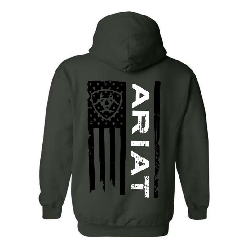 Ariat Hoodie - Patriotic Flag and Logo Design, Hoodie - Sweatshirt - T Shirt, Ideal for Western Lifestyle Enthusiasts, Embracing Country Pride, For men and women