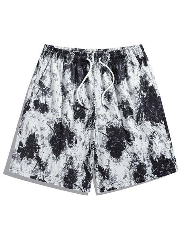 Men's All Over Floral Geometric Print Drawstring Waist Shorts, Regular Fit Casual Comfy Pocket Straight Leg Shorts for Summer, Men's Bottoms for Daily Wear