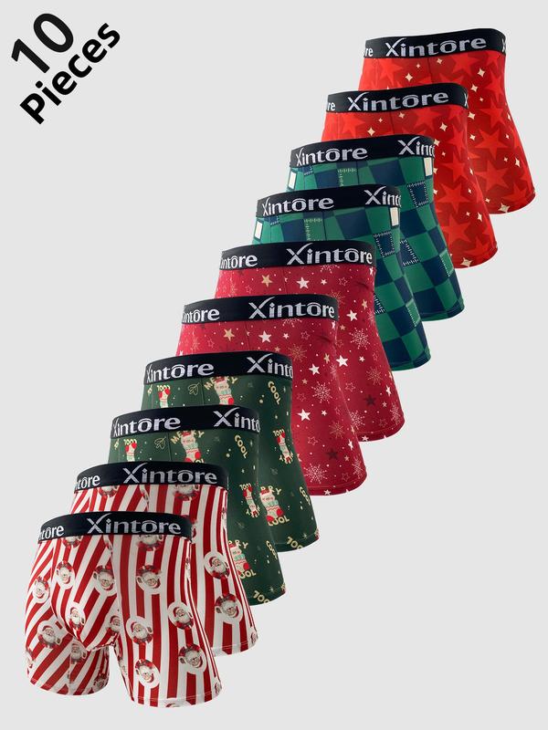 Men's Christmas Print Boxer Brief, Casual Comfy Breathable Letter Tape Waist Boxer Briefs, Mens Underwear for All Seasons