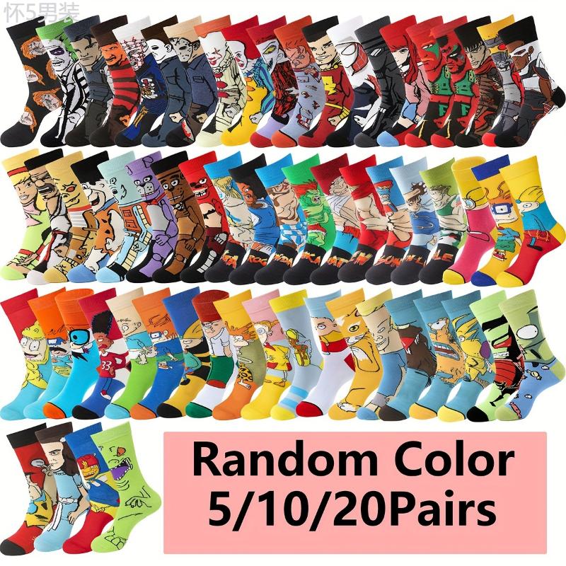 20 Pairs Of Men's Fashion Pattern Halloween Style Crew Socks, Comfy & Breathable Elastic Socks, For Gifts, Parties And Daily Wearing Fabric Menswear