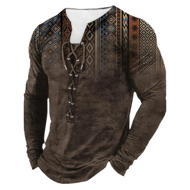 Bohemian Style Pattern Men's Vintage Long Sleeve Henley Tee, Spring Fall, Gift For Men