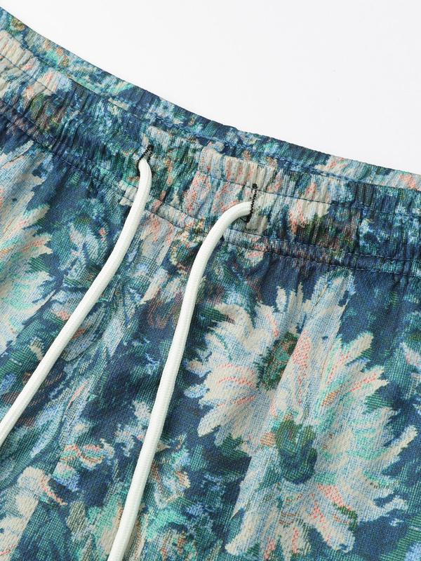 Men's All Over Floral Geometric Print Drawstring Waist Shorts, Regular Fit Casual Comfy Pocket Straight Leg Shorts for Summer, Men's Bottoms for Daily Wear