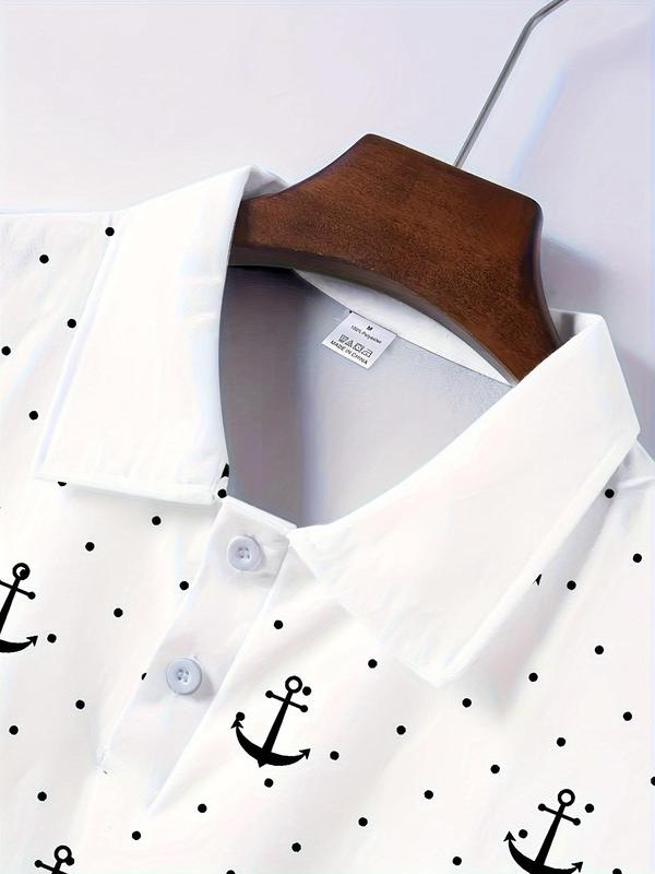 Men's All Over Polka Dot & Anchor Print Short Sleeve Polo Shirt, Regular Fit Casual Button Front Top for Summer, Fashion Men's Clothes for Daily Wear