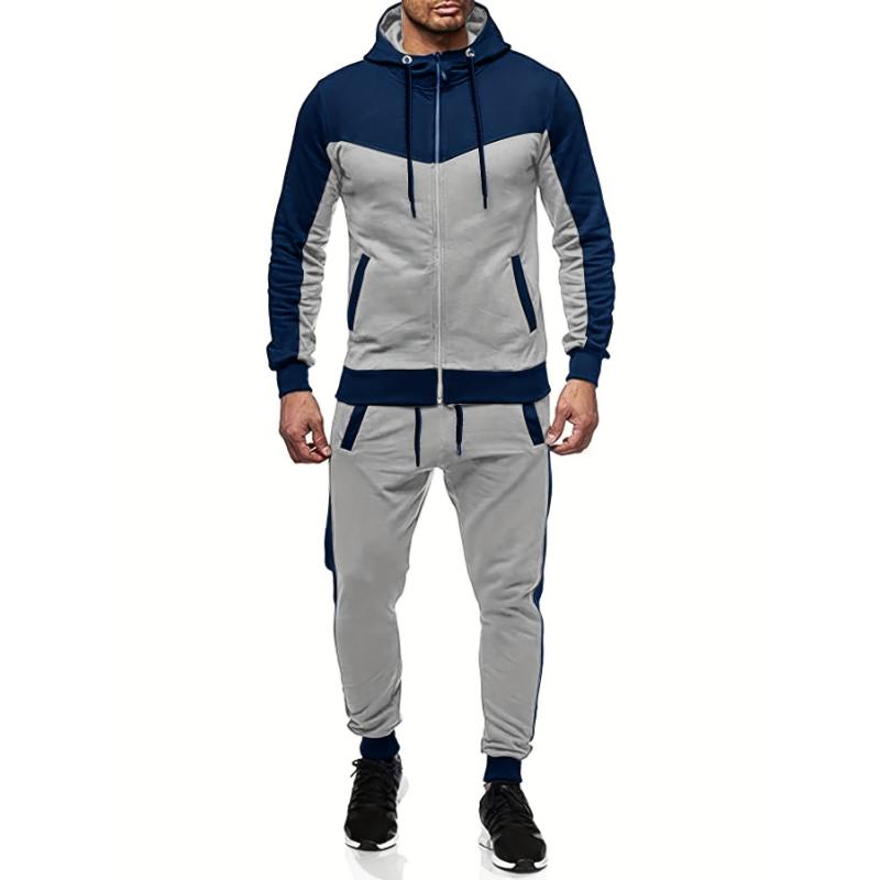 Mens 2-Piece Hooded Jacket & Sweatpants Set - Breathable, Zippered, Color-Block Design for Casual Spring Autumn Wear