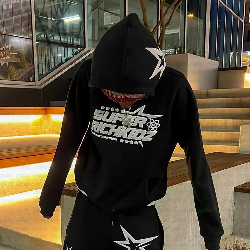 Top Trousers 2 Piece Set, Hip Hop Y2K Star Letters Printed Hoodie Men's and Women's European Hip Hop Sweatshirt Loose-Fitting Coat Top