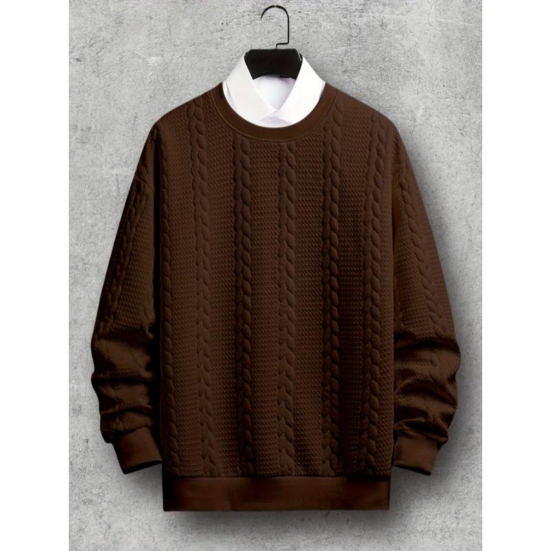 Autumn Winter Essential: Men's Solid Color Long Sleeve Cable Knit Sweatshirt, Regular Fit, Polyester Knitted Fabric, Casual Round Neck, Versatile Top for Everyday Wear