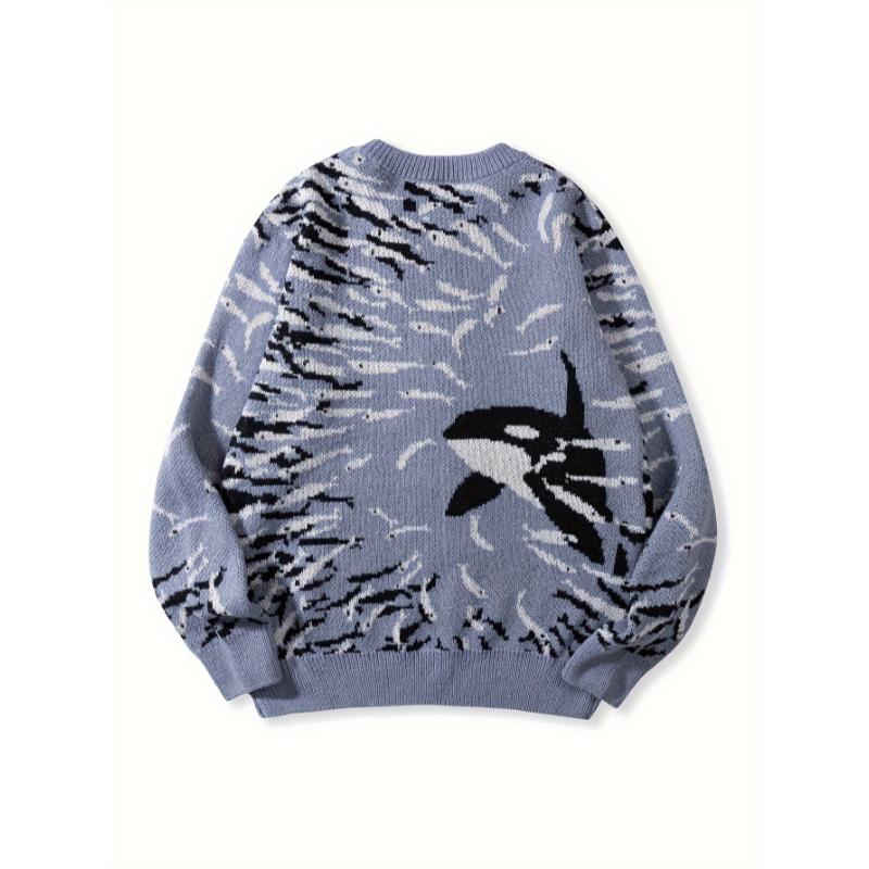 Men's Fish & Whale Pattern Knit Sweater For Autumn And Winter - Versatile Trendy Long Sleeve Knitted Pullover As Gift, Outdoor Cloth