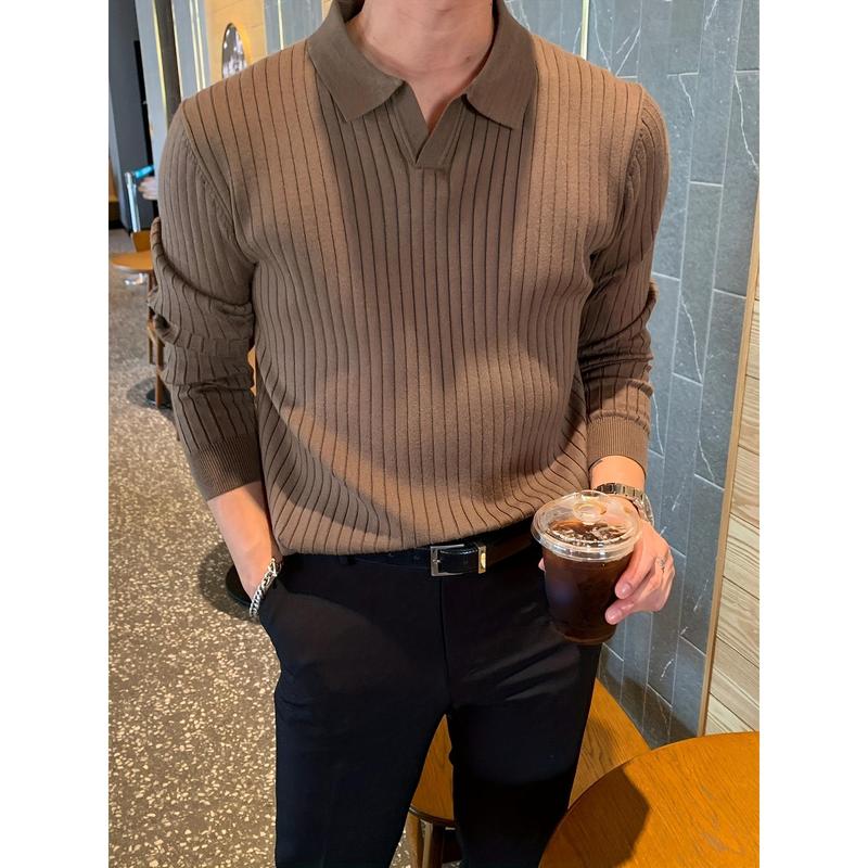 Chic Knit Shirt, Men's Casual Stylish Lapel Middle Stretch V-Neck Pullover Sweater For Winter Autumn Collar Fabric