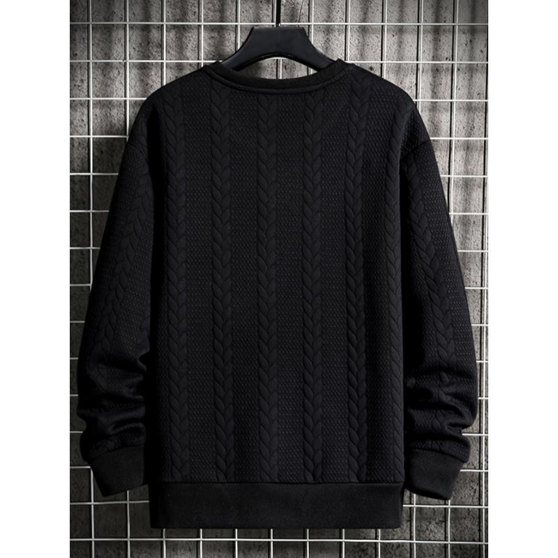 Autumn Winter Essential: Men's Solid Color Long Sleeve Cable Knit Sweatshirt, Regular Fit, Polyester Knitted Fabric, Casual Round Neck, Versatile Top for Everyday Wear