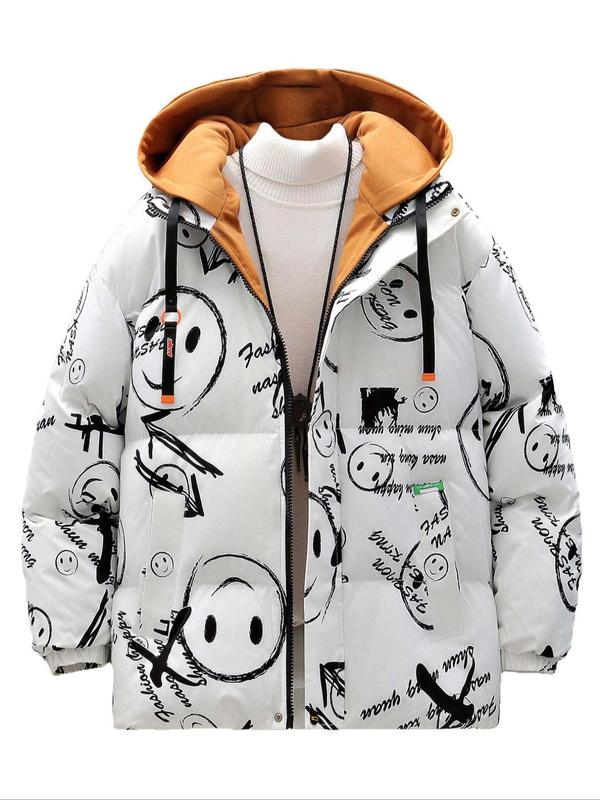 Men's Smile Face Print Drawstring Zip Up Hooded Jacket, Regular Fit Casual Pocket Long Sleeve Outerwear for Fall & Winter, Men's Clothes for Daily Wear