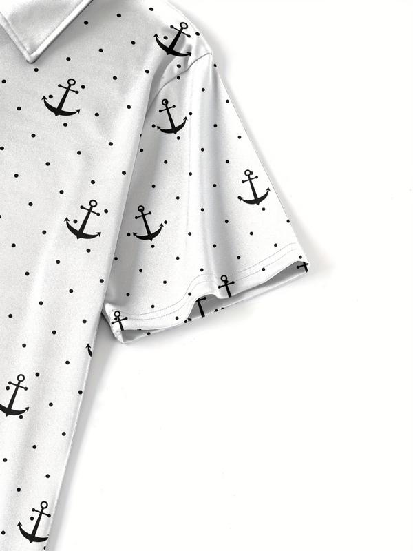 Men's All Over Polka Dot & Anchor Print Short Sleeve Polo Shirt, Regular Fit Casual Button Front Top for Summer, Fashion Men's Clothes for Daily Wear