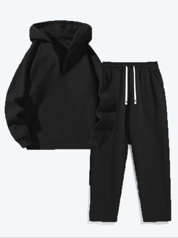 Two-Piece Set Men's Solid Drop Shoulder Zip Up Hoodie & Drawstring Waist Pocket Sweatpants, Casual Fashion Cozy Breathable Outfits for Daily Outdoor Wear, Men Clothes for All Seasons