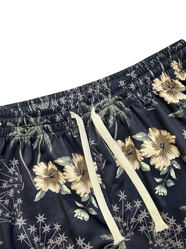 Men's Floral Print Drawstring Waist Shorts, Regular Fit Casual Pocket Elastic Waist Beach Shorts, Summer Bottoms for Men