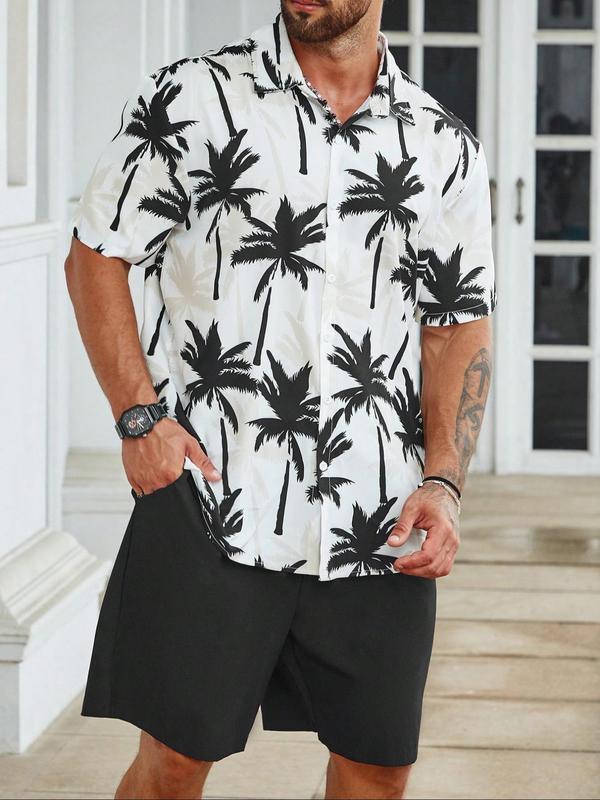 Plus Size Two-Piece Set All Over Coconut Tree Print Shirt & Drawstring Waist Shorts Set, Regular Fit Casual Short Sleeve Button Front Top & Pocket Shorts, Men's Two-Piece Outfits for Summer Beach Vacation