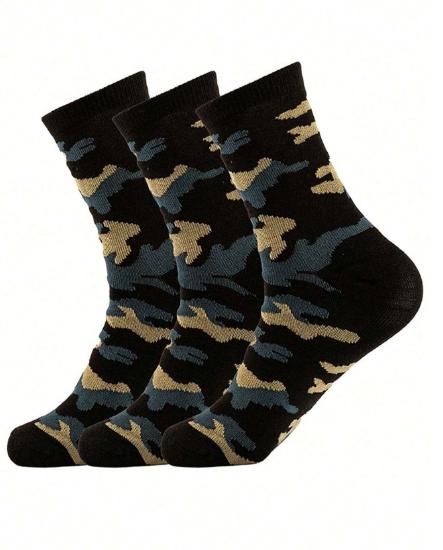 3pairs set Men's Camouflage Green Sports Mid-calf Socks