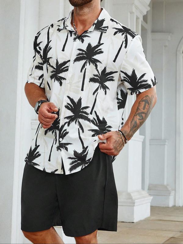 Plus Size Two-Piece Set All Over Coconut Tree Print Shirt & Drawstring Waist Shorts Set, Regular Fit Casual Short Sleeve Button Front Top & Pocket Shorts, Men's Two-Piece Outfits for Summer Beach Vacation