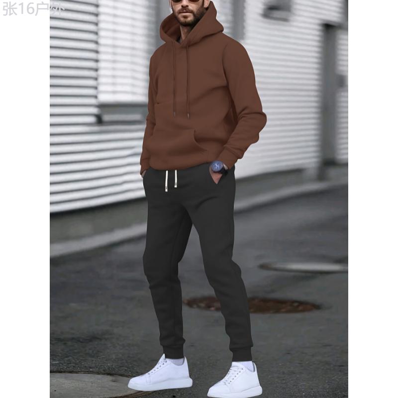 Men's Casual Solid Color Hoodie & Joggers Set - Perfect for Running & Outdoor Activities, Spring Fall, Machine Washable Fabric Menswear