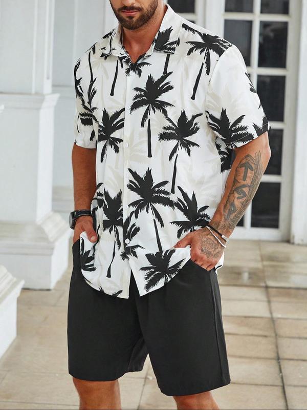 Plus Size Two-Piece Set All Over Coconut Tree Print Shirt & Drawstring Waist Shorts Set, Regular Fit Casual Short Sleeve Button Front Top & Pocket Shorts, Men's Two-Piece Outfits for Summer Beach Vacation