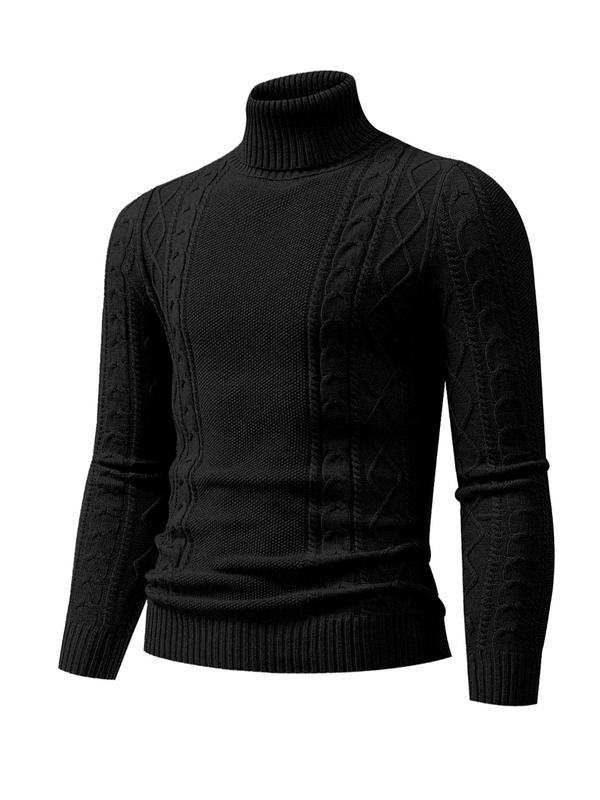 Men's Plain Long Sleeve High Neck Cable Knit Sweater, Casual Loose Textured Turtle Neck Knitting Jumper, Fall Sweaters, Drippy Outfits, Going Out Tops