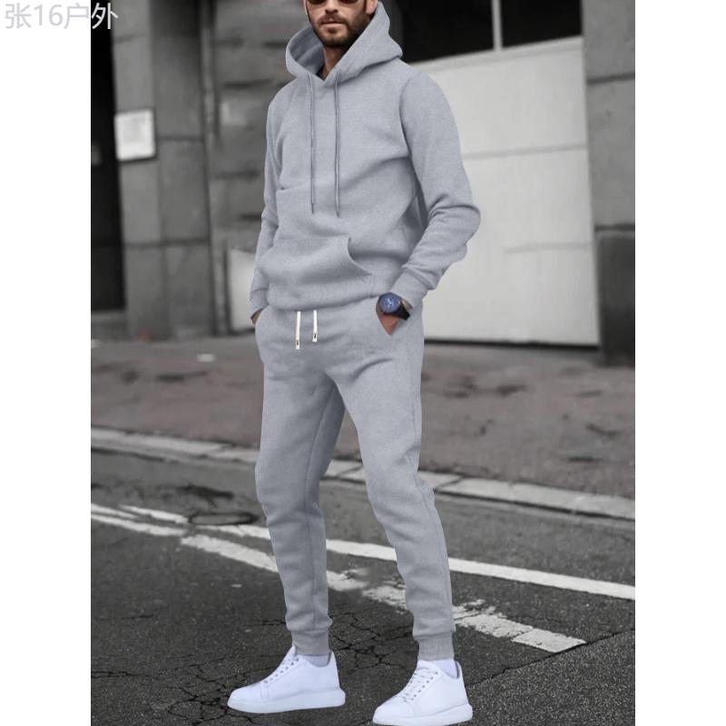 Men's Casual Solid Color Hoodie & Joggers Set - Perfect for Running & Outdoor Activities, Spring Fall, Machine Washable Fabric Menswear