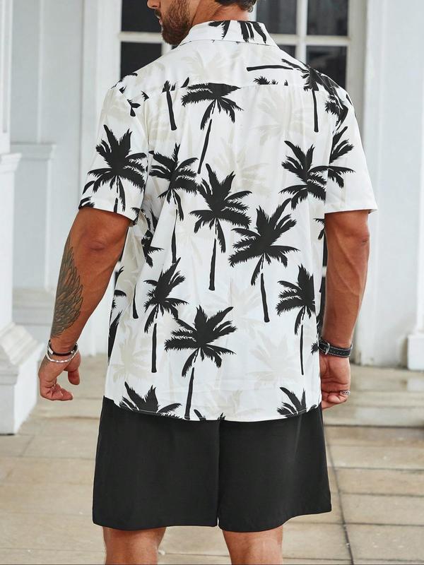 Plus Size Two-Piece Set All Over Coconut Tree Print Shirt & Drawstring Waist Shorts Set, Regular Fit Casual Short Sleeve Button Front Top & Pocket Shorts, Men's Two-Piece Outfits for Summer Beach Vacation