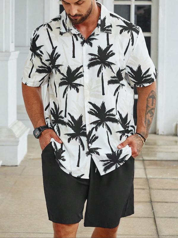 Plus Size Two-Piece Set All Over Coconut Tree Print Shirt & Drawstring Waist Shorts Set, Regular Fit Casual Short Sleeve Button Front Top & Pocket Shorts, Men's Two-Piece Outfits for Summer Beach Vacation