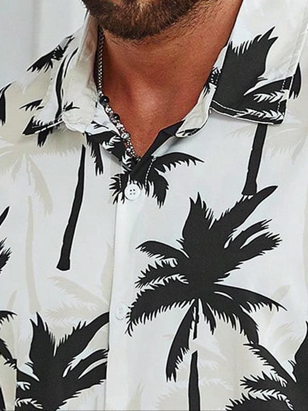 Plus Size Two-Piece Set All Over Coconut Tree Print Shirt & Drawstring Waist Shorts Set, Regular Fit Casual Short Sleeve Button Front Top & Pocket Shorts, Men's Two-Piece Outfits for Summer Beach Vacation