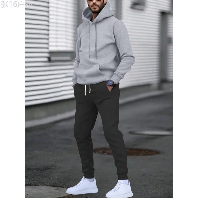 Men's Casual Solid Color Hoodie & Joggers Set - Perfect for Running & Outdoor Activities, Spring Fall, Machine Washable Fabric Menswear