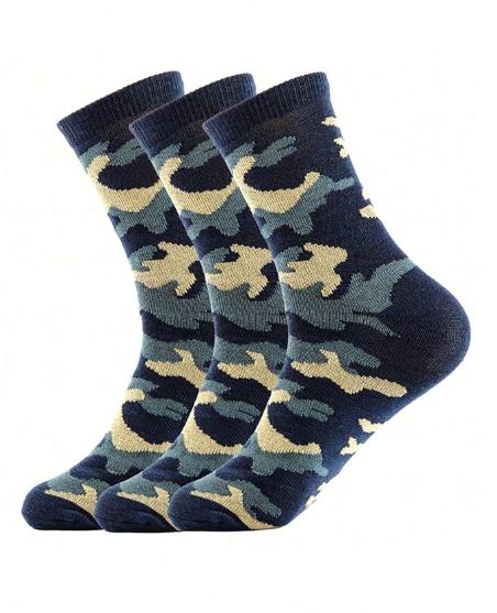 3pairs set Men's Camouflage Green Sports Mid-calf Socks