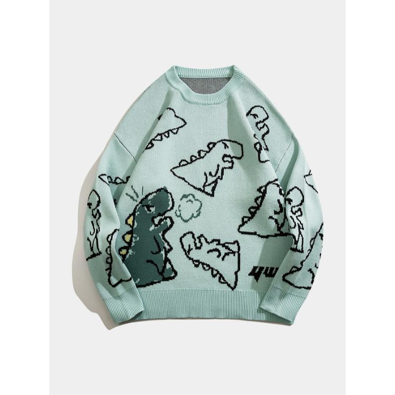 Cartoon Dinosaur Pattern Knitted Sweater, Men's Casual Warm Slightly Stretch Crew Neck Pullover Sweater For Men Fall Winter