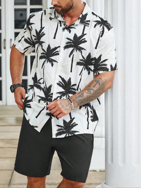 Plus Size Two-Piece Set All Over Coconut Tree Print Shirt & Drawstring Waist Shorts Set, Regular Fit Casual Short Sleeve Button Front Top & Pocket Shorts, Men's Two-Piece Outfits for Summer Beach Vacation