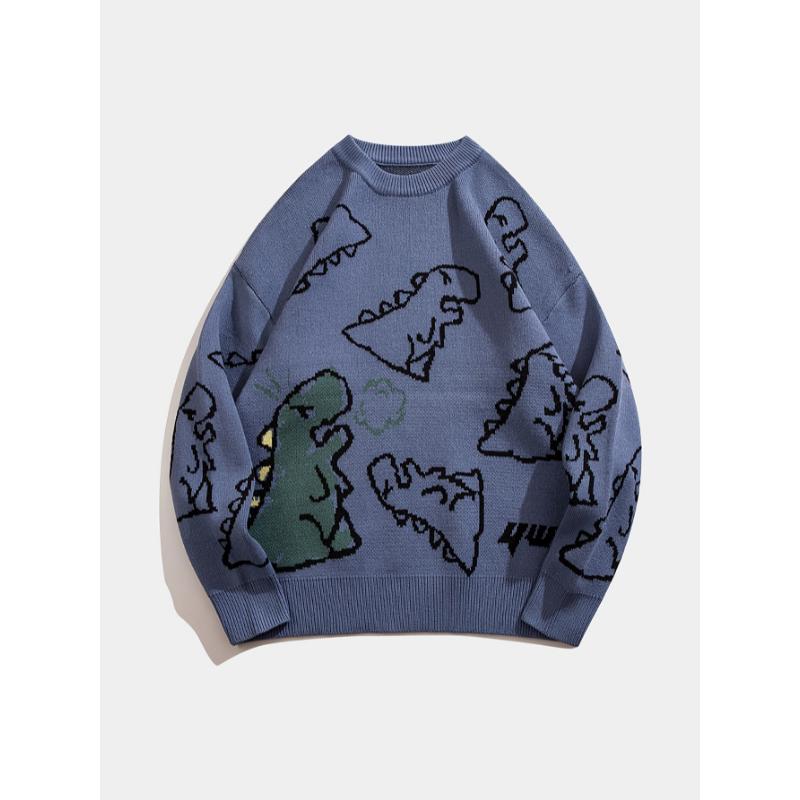 Cartoon Dinosaur Pattern Knitted Sweater, Men's Casual Warm Slightly Stretch Crew Neck Pullover Sweater For Men Fall Winter