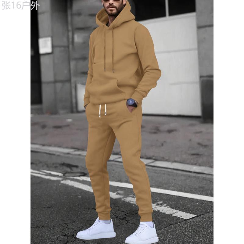 Men's Casual Solid Color Hoodie & Joggers Set - Perfect for Running & Outdoor Activities, Spring Fall, Machine Washable Fabric Menswear