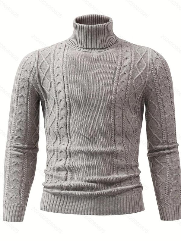 Men's Plain Long Sleeve High Neck Cable Knit Sweater, Casual Loose Textured Turtle Neck Knitting Jumper, Fall Sweaters, Drippy Outfits, Going Out Tops