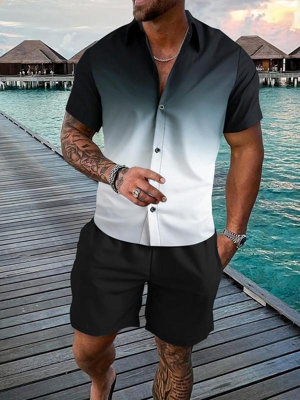 Two Counts Men's Ombre Print Button Front Shirt & Drawstring Shorts Set, Regular Fit Short Sleeve Collared Shirt & Pocket Design Shorts, Men's 2 Piece Short Set, Summer Clothes for Beach Vacation