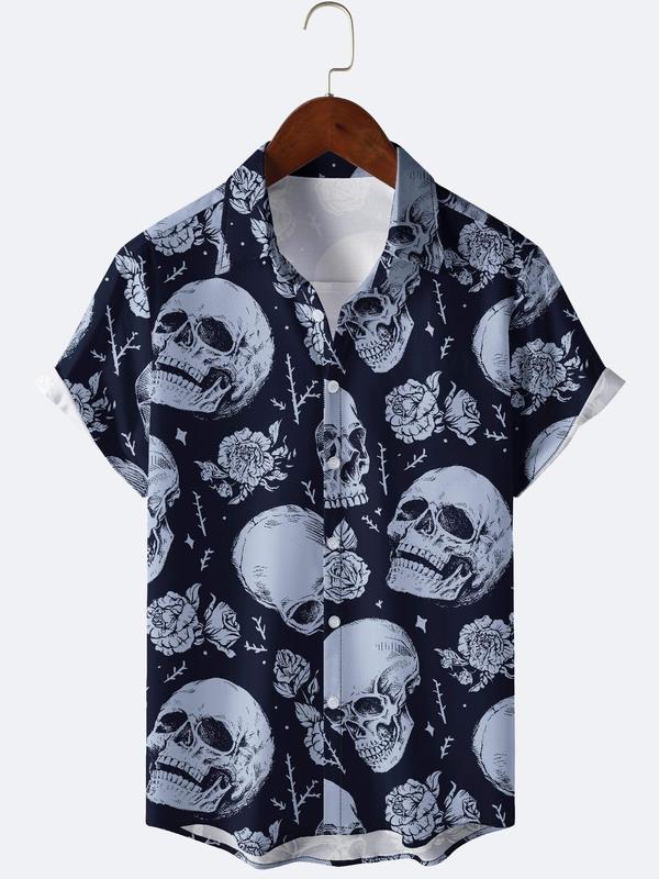 Men's All Over Skull & Floral Print Button Front Shirt, Regular Fit Casual Fashion Short Sleeve Collared Shirt for Summer, Men's Clothes for Holiday Vacation Daily Wear