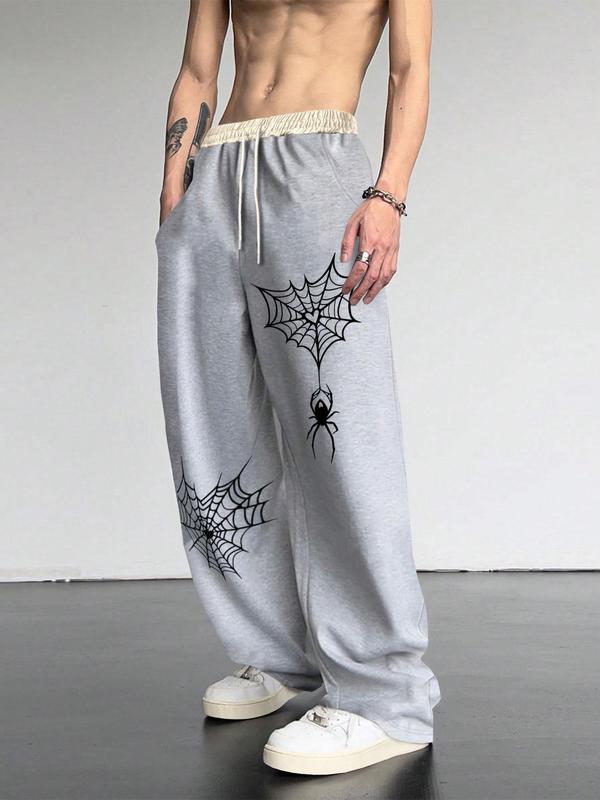 Men's Patchwork Spider Web Print Drawstring Waist Pants, Casual Street Pocket Straight Leg Trousers for Daily Wear, Fashion Men's Bottoms for All Seasons