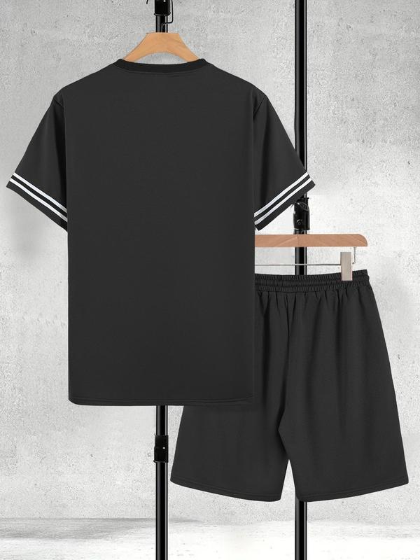 Two-piece Set Men's Contrast Binding Tee & Drawstring Waist Shorts Set, Casual Short Sleeve Round Neck T-shirt & Pocket Track Shorts,  Full Sets Men Outfit, Summer Outfits Clothes Set for Men