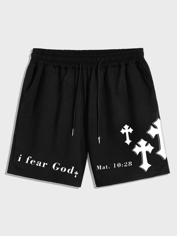 Men's Cross & Letter Print Pocket Drawstring Waist Shorts, Regular Fit Casual Streetwear Shorts for Summer, Men's Bottoms for Daily Wear Back To School