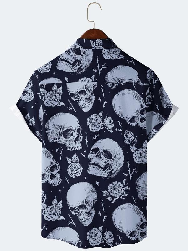 Men's All Over Skull & Floral Print Button Front Shirt, Regular Fit Casual Fashion Short Sleeve Collared Shirt for Summer, Men's Clothes for Holiday Vacation Daily Wear