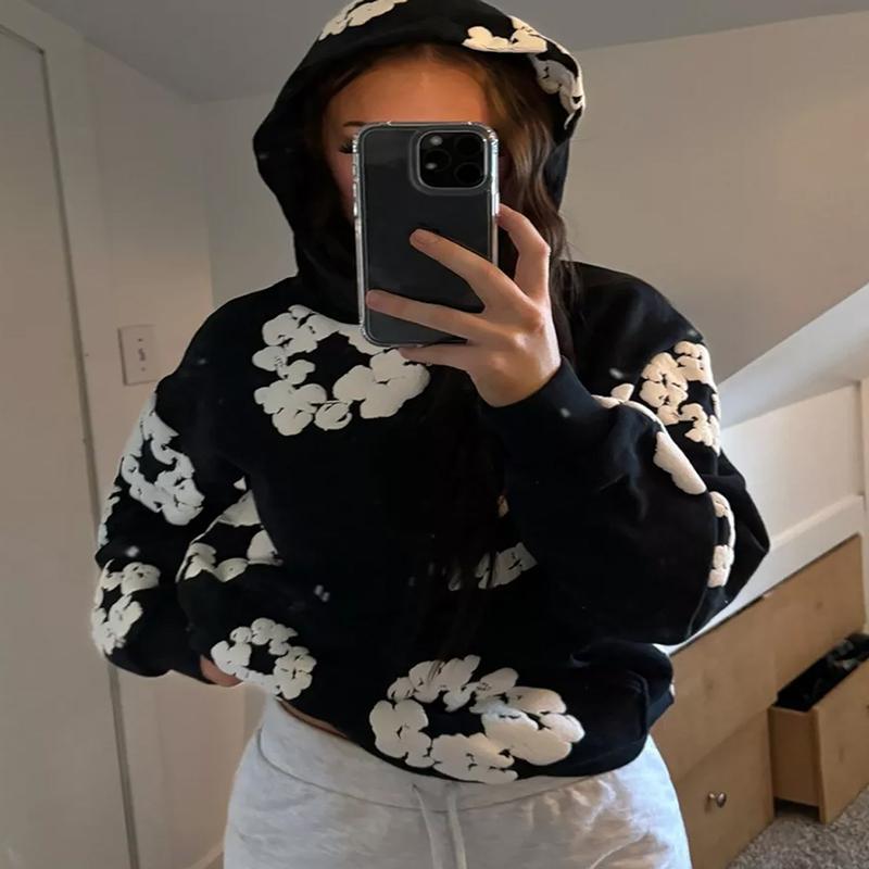 Puff flower print Hoodie Floral Puff Sleeves Lettering Print  Casual Vintage Pullover Harajuku Gothic Grunge Streetwear Menswear Stylish Denim Tears Hoodie Aesthetic Long Sleeve Hip Hop Looks Fashion with Vintage Prints