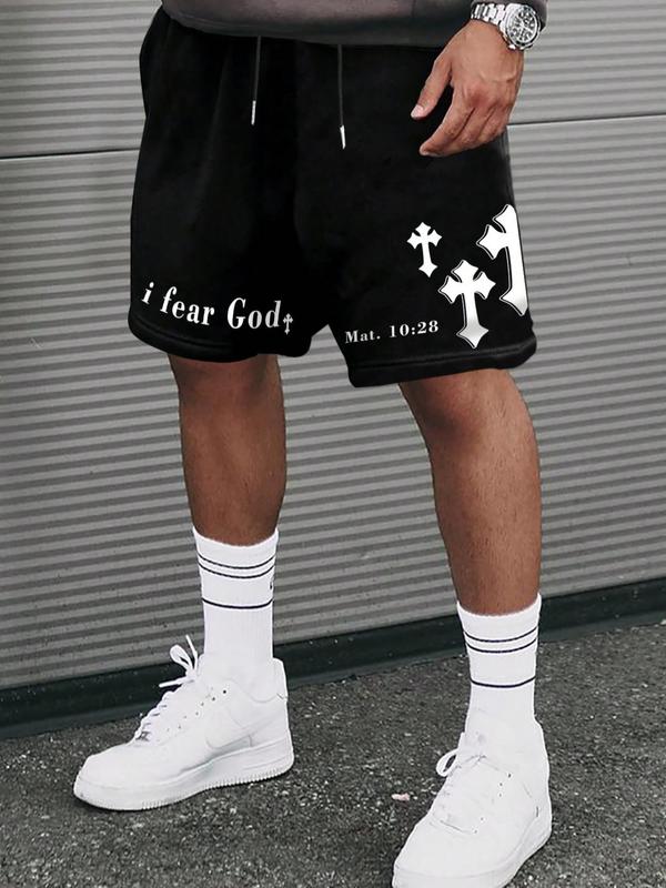 Men's Cross & Letter Print Pocket Drawstring Waist Shorts, Regular Fit Casual Streetwear Shorts for Summer, Men's Bottoms for Daily Wear Back To School