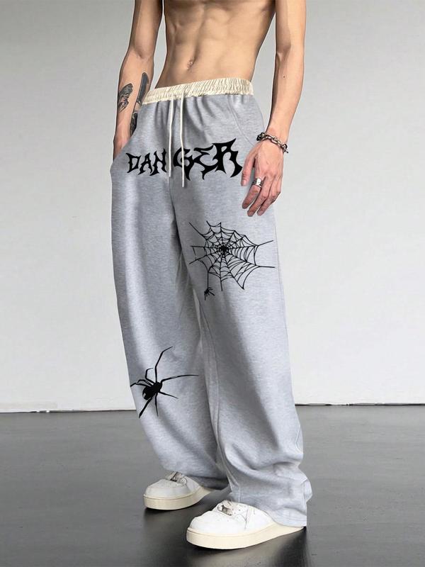 Men's Patchwork Spider Web Print Drawstring Waist Pants, Casual Street Pocket Straight Leg Trousers for Daily Wear, Fashion Men's Bottoms for All Seasons